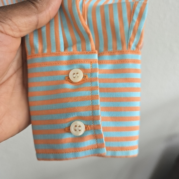 J McLaughlin Button Down Shirt Blue Orange Stripe Ruffle Front Cotton Sz 4 - Picture 10 of 12